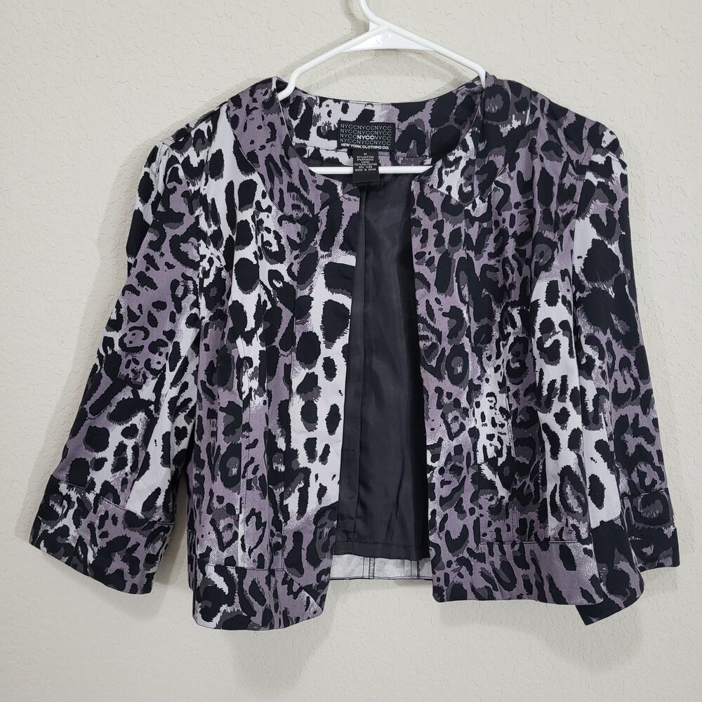 New York Clothing Co Blazer Jacket Women M Leopard Print Purple Gray Open Front